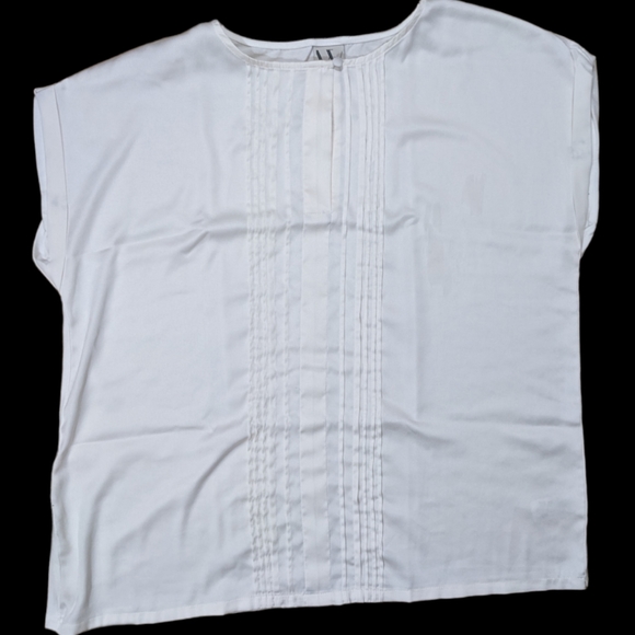 White pintuck pleated front white short sleeved satin blouse - Picture 3 of 5